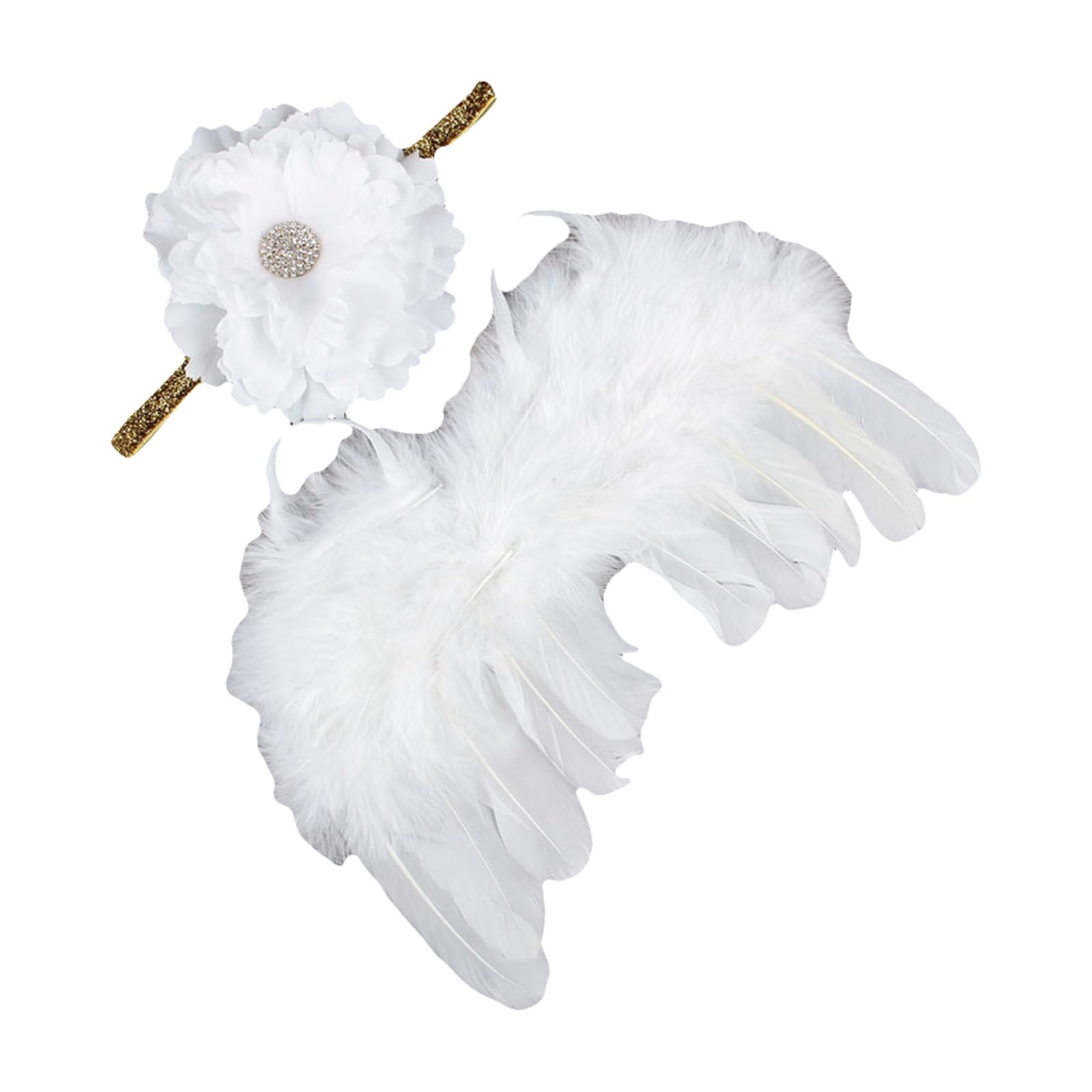 Nishine2 Pack White Newborn Fuzzy Feather Angel Wings + Headband Set for Baby Cosplay Girls Costume Photography (Peony Flower), Peony Flower, Small