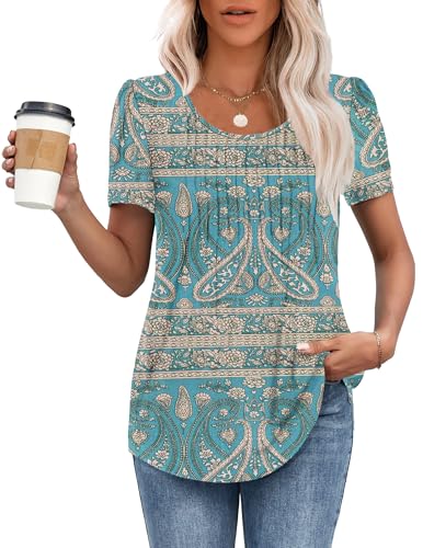 MOLERANI T Shirts for Women UK Round Neck Loose Casual Puff Short Sleeve Summer Tee Tops Front Pleated T Shirt Boho Floral Green XL