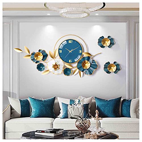Horloge murale quartz géante décoration salon métal or bleu marine
