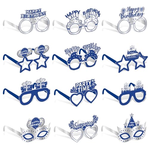 Kuxriox 24Pcs Blue Happy Birthday Eyeglasses Decorations for Men Boys, Blue Silver Happy Birthday Paper Eyeglasses Party Supplies, 16th 18th 21st 30th 40th 50th 60th Birthday Glasses Decor
