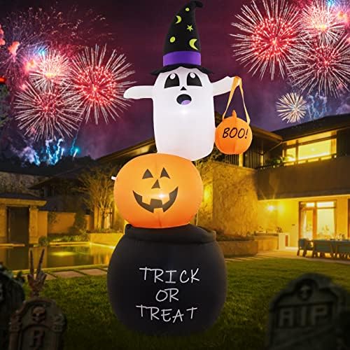 MAOYUE 7FT Halloween Inflatables Outdoor Decorations, Blow Up Trick-Or-Treating White Ghosts Pumpkins with Build-in LED Lights, Holiday Clearance for Indoor, Outdoor, Yard, Garden, Lawn Decorations