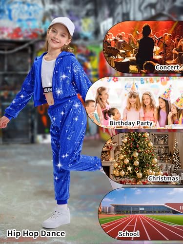 Image of LOLANTA 2Pcs Girls Dance Outfits Cropped Sequin Jacket Pants Set, Kids Hip Hop Dance Costumes for 80s 90s Party 5-15 Years