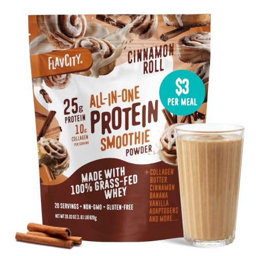 FlavCity All in One Protein Shake Powder, Cinnamon Roll - On the Go Meal Alternative + Collagen Peptides, Reishi & Cordyceps - Focus, Skin, Hair & Joint Support - 100% Grass Fed Whey, 20 Servings