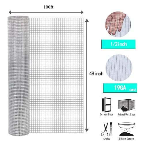 Hardware Cloth 1/2 inch 48inch x 100 Ft 19 Gauge Hot Dip Galvanized After Welding Galvanized Wire Mesh Roll Chicken Wire Fencing Gopher Wire Garden Bed Plant Supports Poultry Netting Cage Snake Fence
