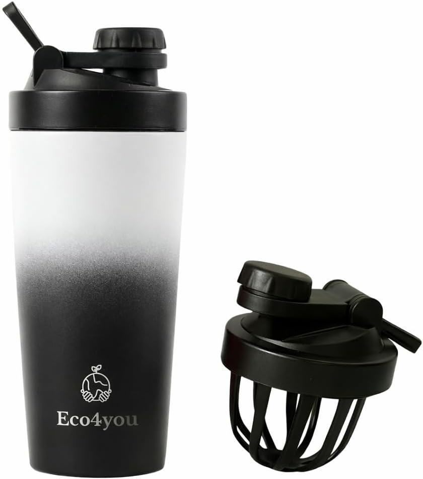 3-in-1 Stainless Steel Shaker Bottle, 23oz – Protein Shaker, Fruit & Tea Infuser, Water Bottle – Leakproof, Insulated, BPA-Free (Black/White)