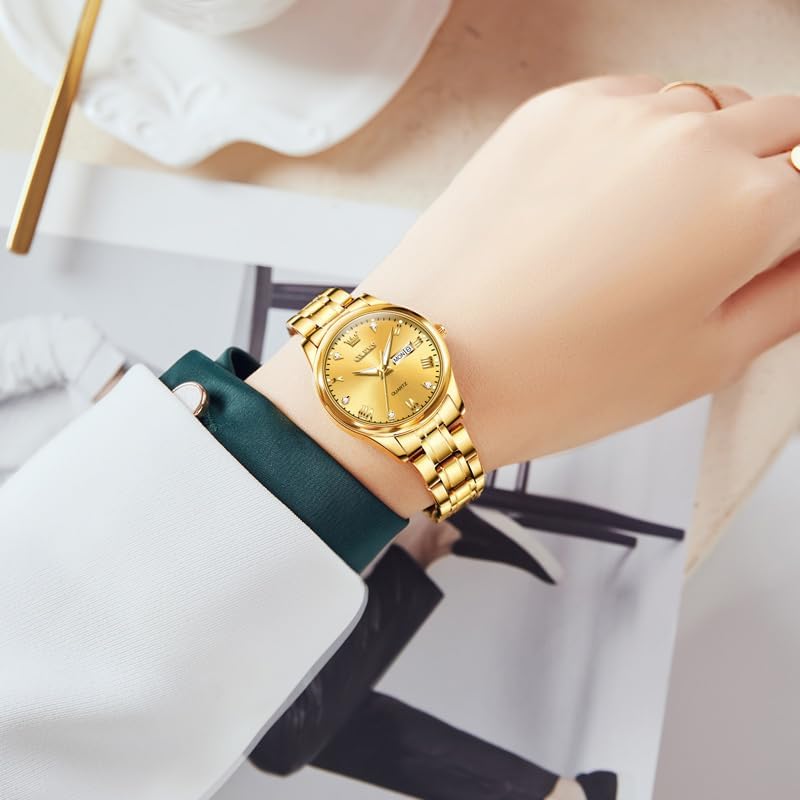 OLEVS Gold Watches for Women Classic Stainless Steel Waterproof Womens Wrist Watch Small Face Ladies Watches with Day Date Analog Quartz Dress Women's Watch Casual Gold Silver Black Dial Female Watch - Image 2