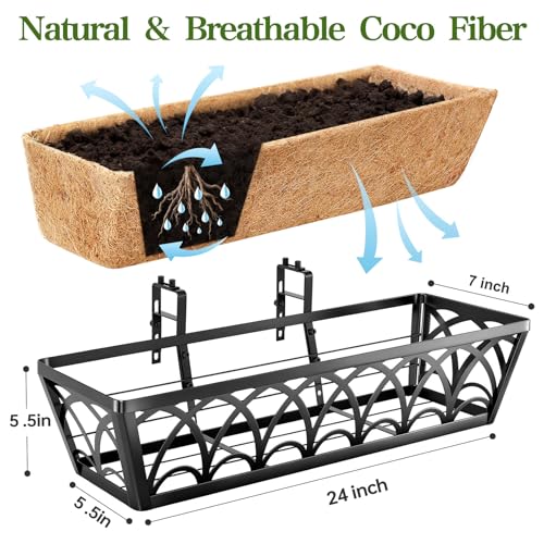 24 Inch Railing Planter Box Window Boxes Planters - 2 Pack Deck Railing Planter Boxes with Adjustable Brackets Coco Liners Balcony Planters Railing Hanging for Window Flower Boxes Outdoor Garden Decor by EINYEXW - Image 2