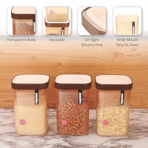 Image of Nayasa Fusion 2100 ml BPA Free Food Grade Airtight Kitchen Storage Stackable Containers - Set of 3 | Brown
