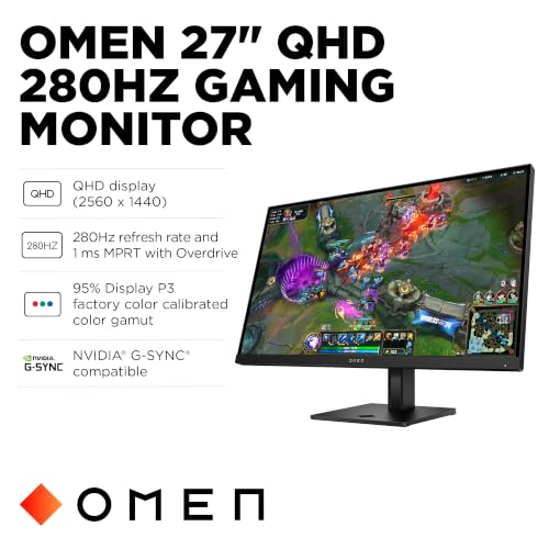 Image of HP OMEN 27 inch QHD 280Hz Gaming Monitor, QHD Display (2560 x 1440), IPS Black Technology, VESA DisplayHDR 400, 1ms MPRT (with Overdrive), NVIDIA G-SYNC Compatible, Black, OMEN 27qs G2 (2026)