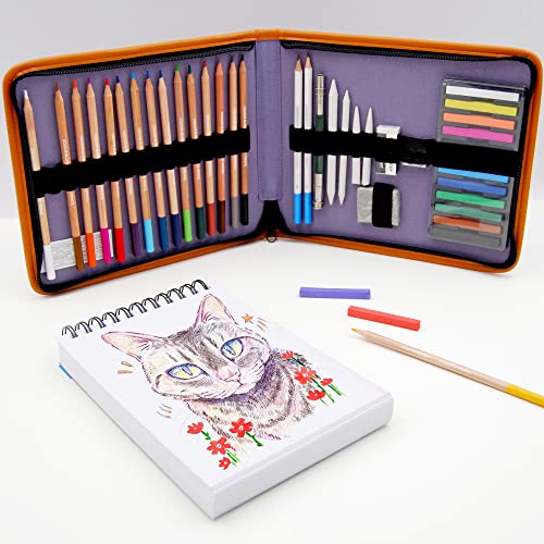 Colour Block Drawing Travel Art Set - 60 Sheets 6 X 8 Inches Drawing Pad,16 Drawing Colored Pencils Set, 12 Soft Pastels Set, 2 Sketching Pencils, And 8 Assorted Tools In A Canvas Fabric Case #TOP3