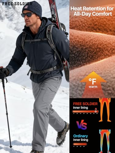 FREE SOLDIER Men's Outdoor Softshell Fleece Lined Cargo Pants Snow Ski Hiking Pants with Belt (Glacier Gray 46W/32L) - Thumbnail 3