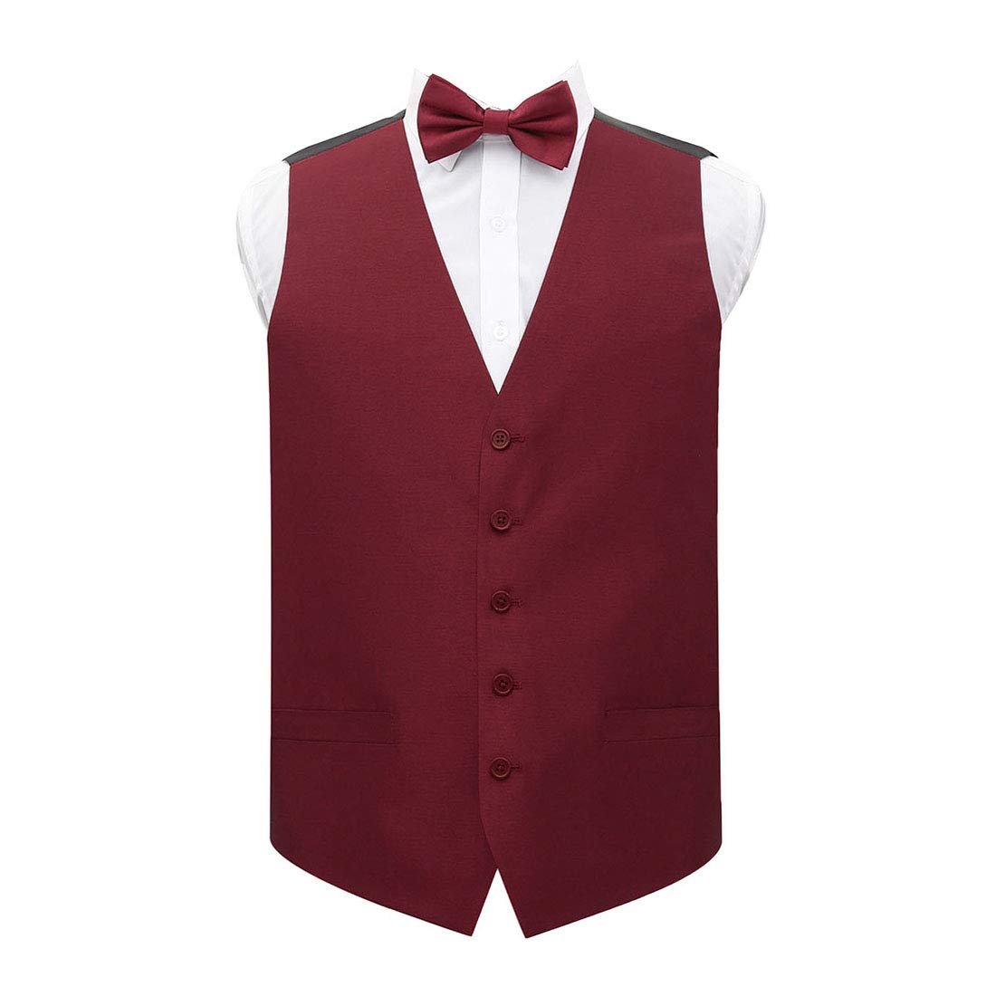 DQT Mens Plain Shantung Waistcoat & Pre-Tied Bow Tie Set – Wedding Formal Suit Vest - Burgundy 46" (3XL)