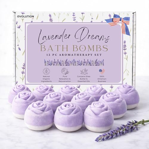 EvolutionUSA Lavender Dreams Bath Bombs for Women, 12 Organic Flower Bath Bombs, Soft Lavender Bath Bombs, Womens Bath Bombs Gift, Lush Bath Bombs for Girls, Relaxing Bathbombs, Bath Balls