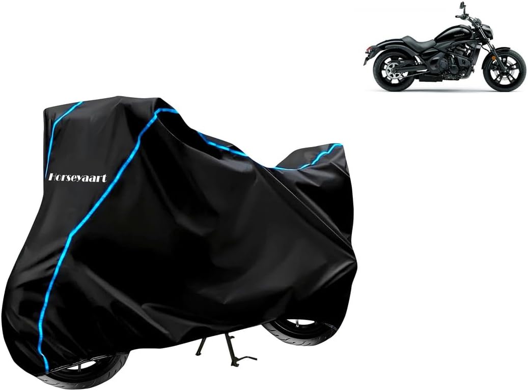 Horseyaart - Bike Cover Water Resistant Compatible with Kawasaki Vulcan S BS6 Bike Cover with Elastic and Belt Bukle Lock with Stripe Piping Design (Black and Blue)