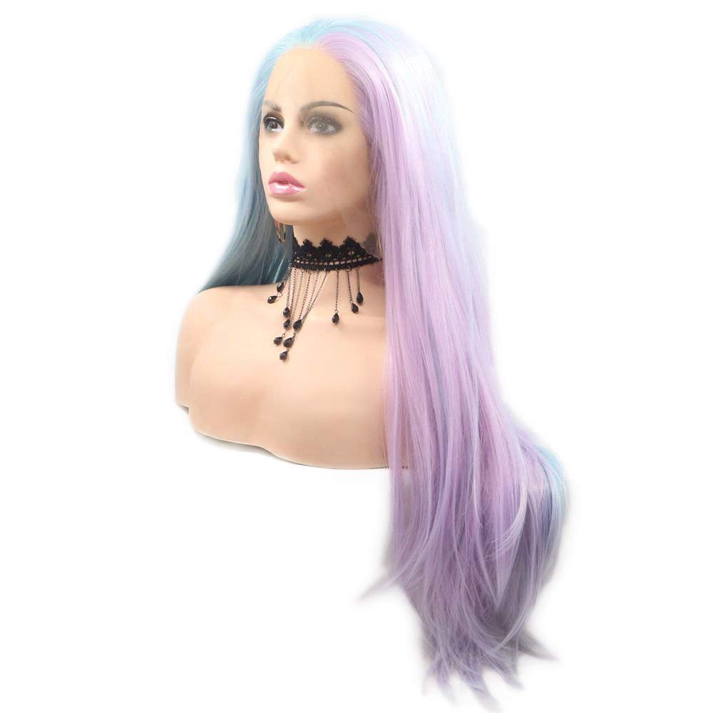 RainaHair Long Straight Half Blue Half Purple Wig Synthetic Lace Front Wigs Natural Looking Pastel Wig Hair for Women Cosplay Festival 24 Inches - Image 2