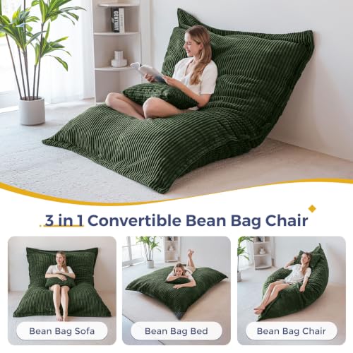 Image of MAXYOYO Giant Bean Bag Chair with Pillow, 3 in 1 Convertible Bean Bag Chair for Adults with Washable Cover, Removable Floor Cushion Stuffed Floor Lounger for Living Room Bedroom, Dark Green, Full