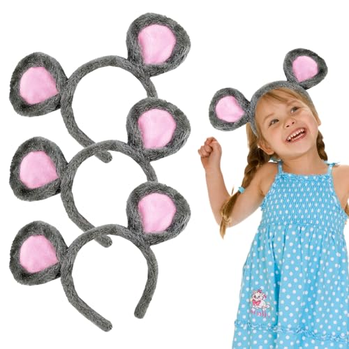 UILYNIU 3 Stück Plüsch Maus Ohren Stirnbänder, Tierstirnband für Erwachsener Kinder, Maus Ohren Haarreif Tier Kostüm Set für Halloween Kostüm Fasching Karneval Party Accessoires (Grau)