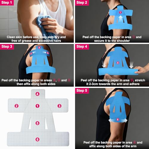 12 Count Kinesiology Tape for Shoulder,Shoulder Tape for Pain Relief,Pre-Cut for Easy use. Stretchy Cotton Material ensures Comfortable wear with Hypoallergenic Adhesive Lasting 4-7 Days - image 3