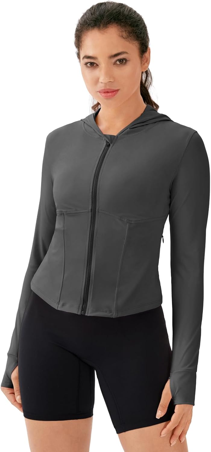 Auxo Women's Workout Jackets UPF 50+ Lightweight Zip Up Cropped Athletic Jacket Slim Fit Hooded Running Yoga Tops Thumb Holes