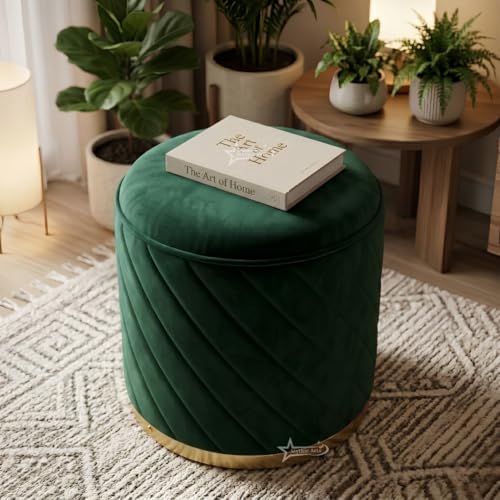 Image of Mythic Arts Ottoman Stool, Puffy Stool, Sitting Stool, Modern Upholstered Round Ottoman, Dressing Table for Living-Green