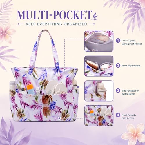 Image of LEDAOU Large Beach Bag Women Waterproof Sandproof Zipper Beach Tote Pool Bag for Swim Gym Grocery Travel with Wet Pocket