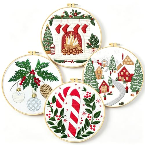 Image of Zhenqing Christmas Embroidery Kit for Beginners - 4 Piece 29x29cm Round Designs with Embroidery Hoop, Threads & Tools (Snowy Cabin, Fireplace, Candy Cane, Holly)(C0066)