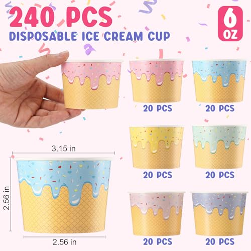 Jingmore 240 Pcs Ice Cream Bowls Paper Ice Cream Cups 4/6/8 oz Containers Bulk 6 Colors Disposable Sundae Bowls for Dessert Frozen Yogurt Birthday Summer Baby Shower Party Bar Supplies (6 oz)