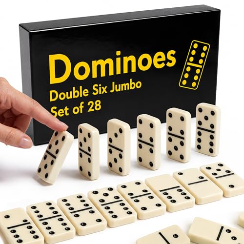CHH Black/Cream Color Double 6 Jumbo Size Domino Tiles – Premium Set of 28 Ivory Dominoes...