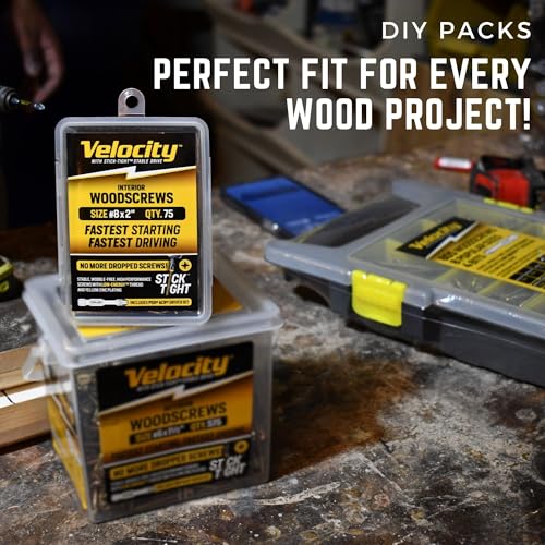 velocity interior 1 12 inch wood screws diy pack size 8 100 pcs  zinc and yellow coating stick-tight technology screw for wood working with psd acr driver bit