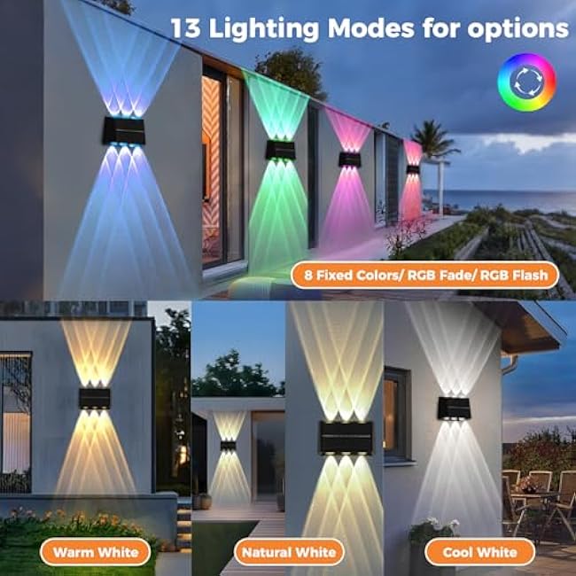 Solar Fence Lights Outdoor - 3000/4000/6000K & 8 RGB Colors, IP65 Waterproof LED Outdoor Wall Lights Solar Powered, 150 Lumens Up & Down Lighting for Backyard, Patio, Porch, Deck, Wall, 4-Pack
