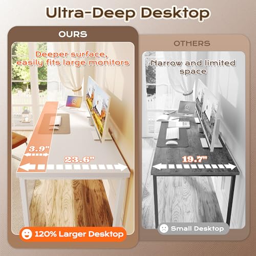 Image of Huuger 63 x 24 inch Desk with Power Outlets & USB-C, Deeper & Thicker Desktop, Robust Metal Tubes, Computer Desk, Heavy Duty Office Desk, Work Gaming Desk, for Home Office, White