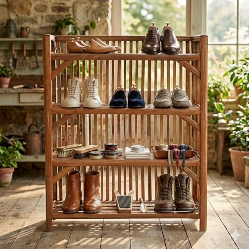 Image of CANE CRAFTS Wooden Shelf Bamboo 4-Tier Kitchen Organizer Shoes & Slippers Rack Books Shelves Planter Stand