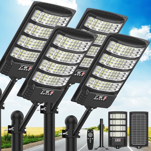 Solar Lights Outdoor Waterproof–6500K LED Street Lights with Motion Sensor & Remote, Dusk to Dawn Flood Lights, Wide Angle Illumination Solar Parking Lot Lights for Yard, Patio, Garage (4 Pack)