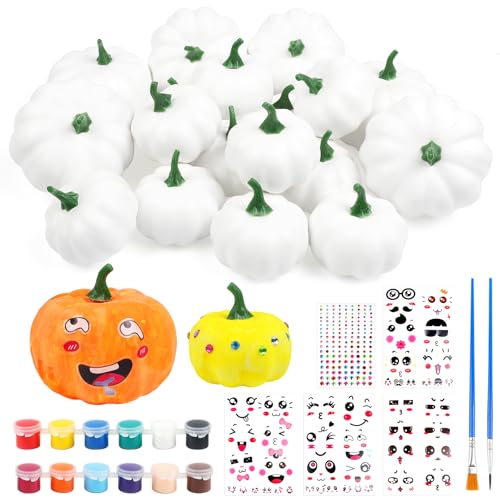 Songjum 18Pcs Calabaza Blanca de Halloween Calabazas Artesanales para Pinta Incluye 12 Pinturas y 4 Hojas de Pegatinas para la Decoración de Halloween Acción de Gracias de la Cosecha de Otoño