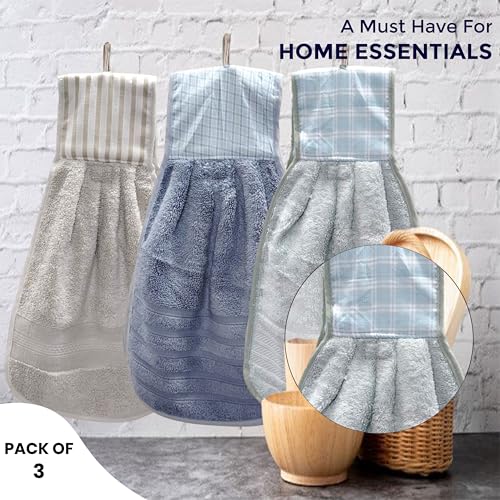Image of Hanging Hand Towel | Wash Basin Napkin with Loop | Kitchen Sink Towel | Pack of 3 in (Blue, Green and Cream) | Assorted