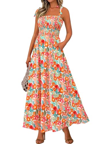 PRETTYGARDEN Womens Summer Dresses Floral Sleeveless Smocked Maxi Dress Boho