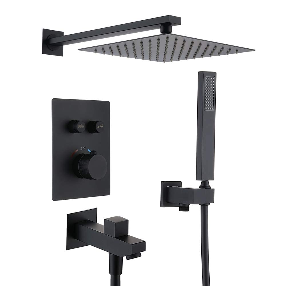 QUSYZD Thermostatic Rain Black Rain Mixer Shower Combo Set Wall Mounted Bathroom Shower Faucet Set with 10 Inches Shower Head, Handheld Shower, Bathtub Faucet,