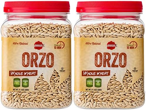 Baron’s Whole Wheat Orzo Pasta | 100% Natural Israeli Rice-Shaped Orzo for Soups, Casseroles & Salads | Cooks in 10 Minutes! | Kosher | 2 Pack 21.16oz Jars