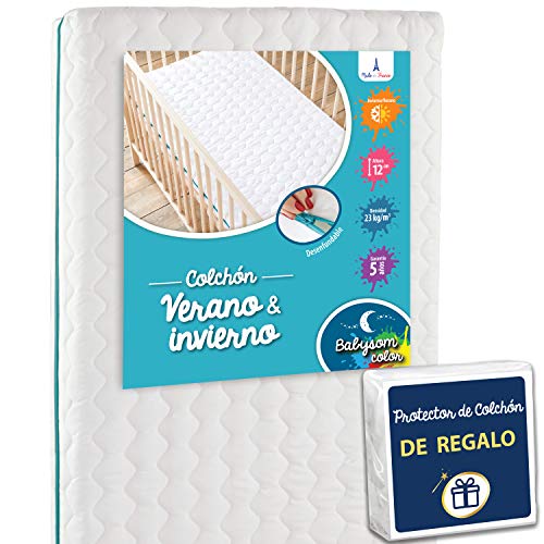 Babysom - Colchón Cuna Bebé Verano/Invierno + 1 Protector de colchón impermeable DE REGALO - 70x140 cm - Antiasfixia - Transpirable - Reglaje Térmico