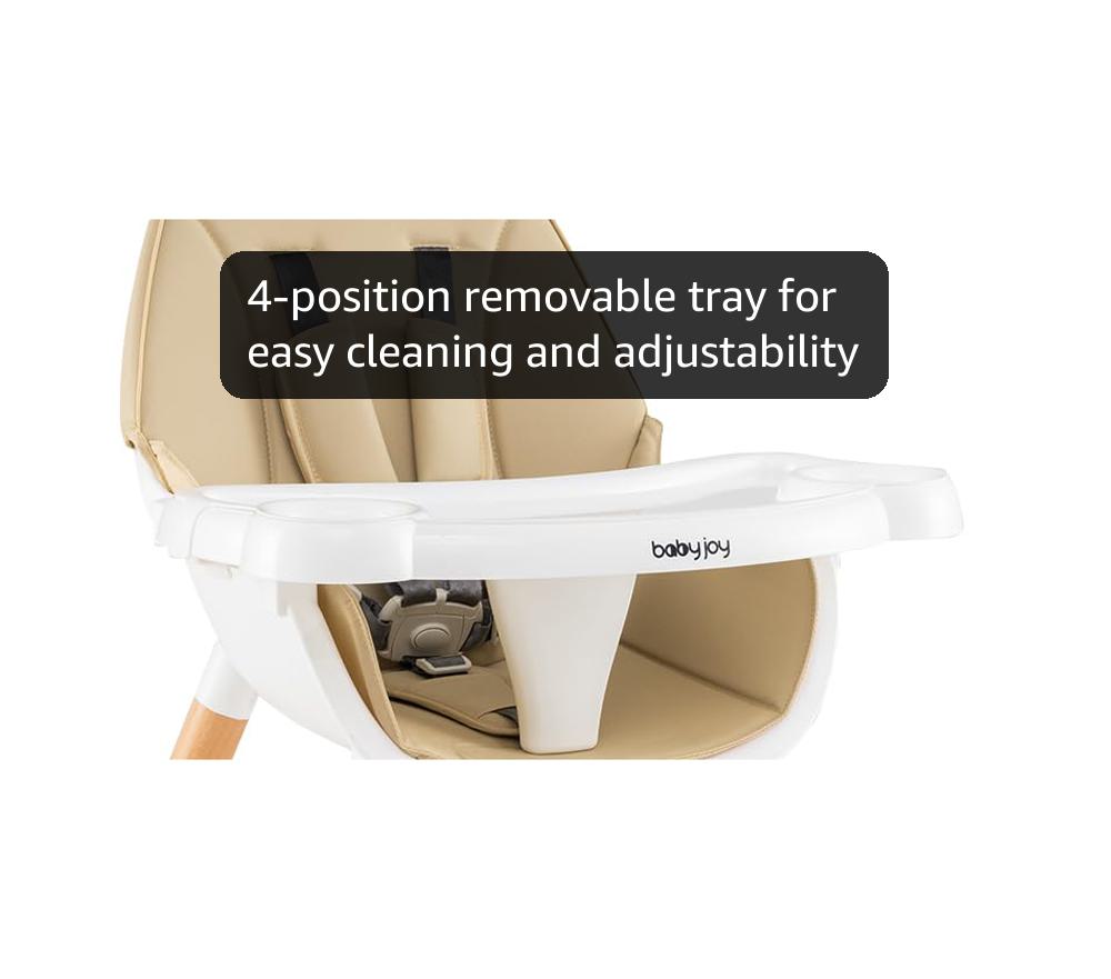 BABY JOY 6 in 1 High Chair, Convertible High Chairs for Babies and Toddlers/Booster Seat/Table and Chair Set, Infant Wooden Highchair w/ 5-Point Harness, 4-Position Removable Tray & PU Cushion (Khaki)