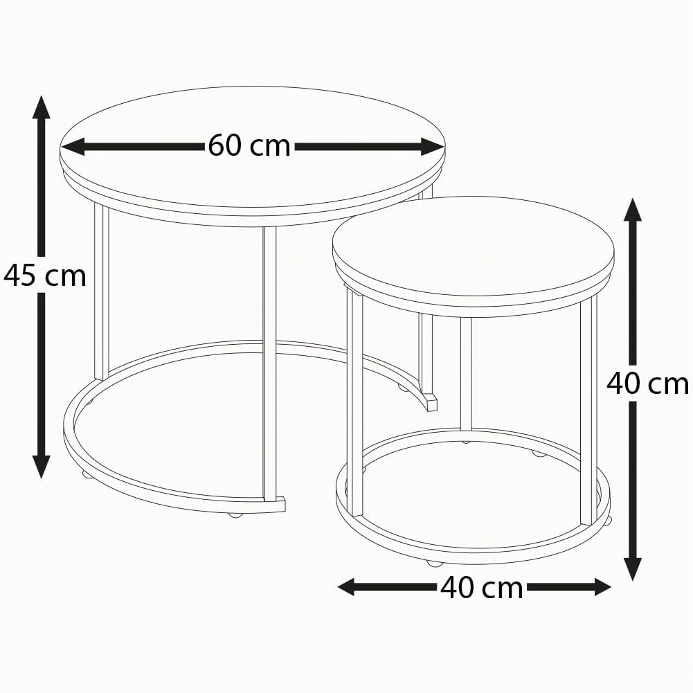 BAKAJI Juego de 2 mesas de salón empotradas, Forma Redonda con Estructura de Metal Negro y Tapa de Madera Nogal, mesas de café para Ahorrar Espacio, diseño Industrial, decoración de salón, casa,