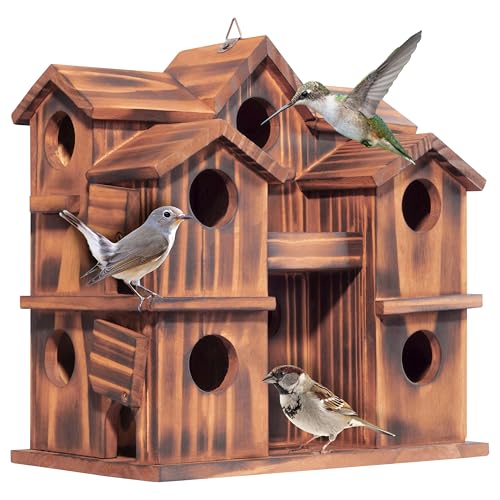 MIXUMON Wooden Bird Houses for Outside – 10 Rooms Multi-Chamber Bird House, Carbonized Pine Rustic Finish, 1.57' Entrance Holes, Individual Cleaning Doors, Decorative Outdoor Bird Nesting Box