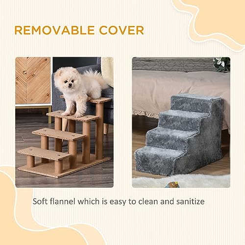 PawHut Dog Steps for Sofa, 4 Steps Dog Stairs, Pet Stairs, with Washable Plush Cover, for Small Breeds, Cats - Light Grey - Image 6