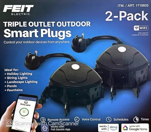 Feit Electric Triple Outlet Outdoor Smart Plugs, 2-Pack, WiFi, Controls Devices from Anywhere, Voice Control, Schedules, Timer, Compatible with Alexa and Google Home, Black