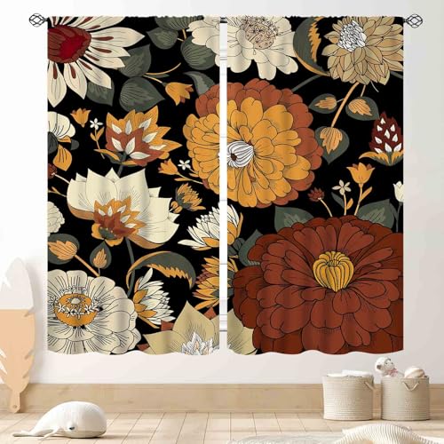 Boho Floral Kitchen Curtains, Bohemian Black Flower Tropical Leaves Vintage