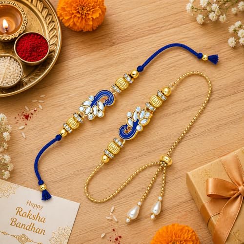 Image of Riddhika Ventures Glorious Gold Plated Religious Diamond Ring Rakhi || Traditional Rakhi Set of 2 & Festive Gift || Rakhi Gift Combo for Bhaiya Bhabhi (J1SM)