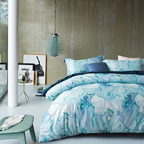 MILDLY 100% Long-Staple Cotton Duvet Cover Set Aqua Watercolor Marble Pattern Printed Comforter Cover 3pcs, Ultra Soft & Breathable Bedding Set