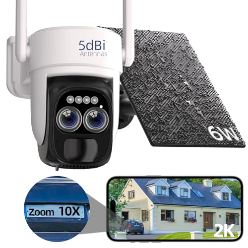 2K Solar Security Camera Wireless Outdoor,10X Hybrid Zoom,360°PTZ Cameras for Home Security with 6W Solar Panel,Color Night Vision Security Camera, Two-way Talk, Motion Detection, SD/Cloud, Work/Alexa