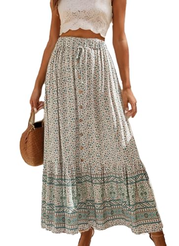 Women's Boho Floral Long Maxi Skirt Casual Summer High Waist Pleated Elastic Split Vacation Skirts