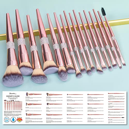 Bueart Design Rose Gold Pink 16Pcs Ultra Soft Dense Hair Labeled Cute Makeup Brushes Sets -Diamond Crystal Glitter Makeup Brush With Foundations Powder Blush Concealer Blending Eyeshadow Contour Rhinestone Make Up Brushes #TOP3